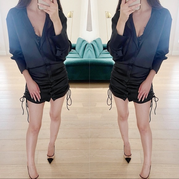 Zara Satin Shirt Mini Dress Black Blogger’s Favorite - Picture 9 of 16